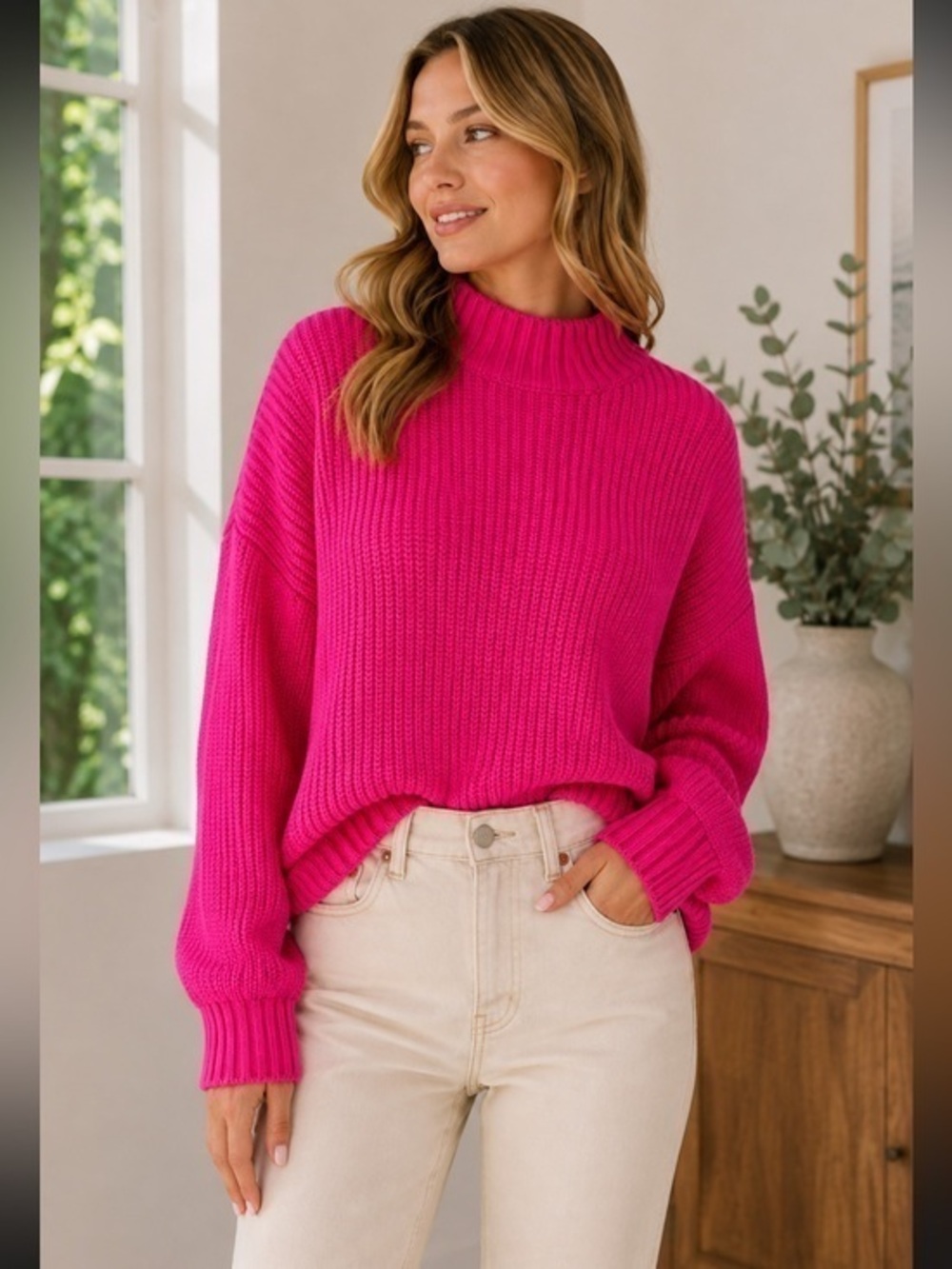 Cupcakes and Cashmere Hot Pink Mock Neck Chunky Knit Sweater XS